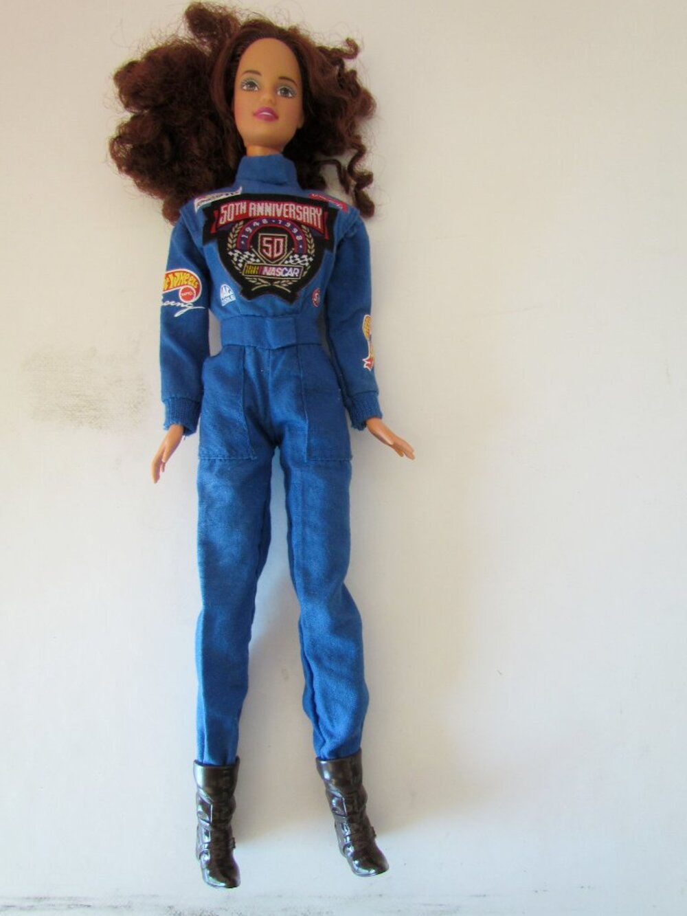 BARBIE RACE CAR DRIVER JUMPSUIT, NASCAR 50th ANNIVERSARY w AD LOGOS, BOOTS